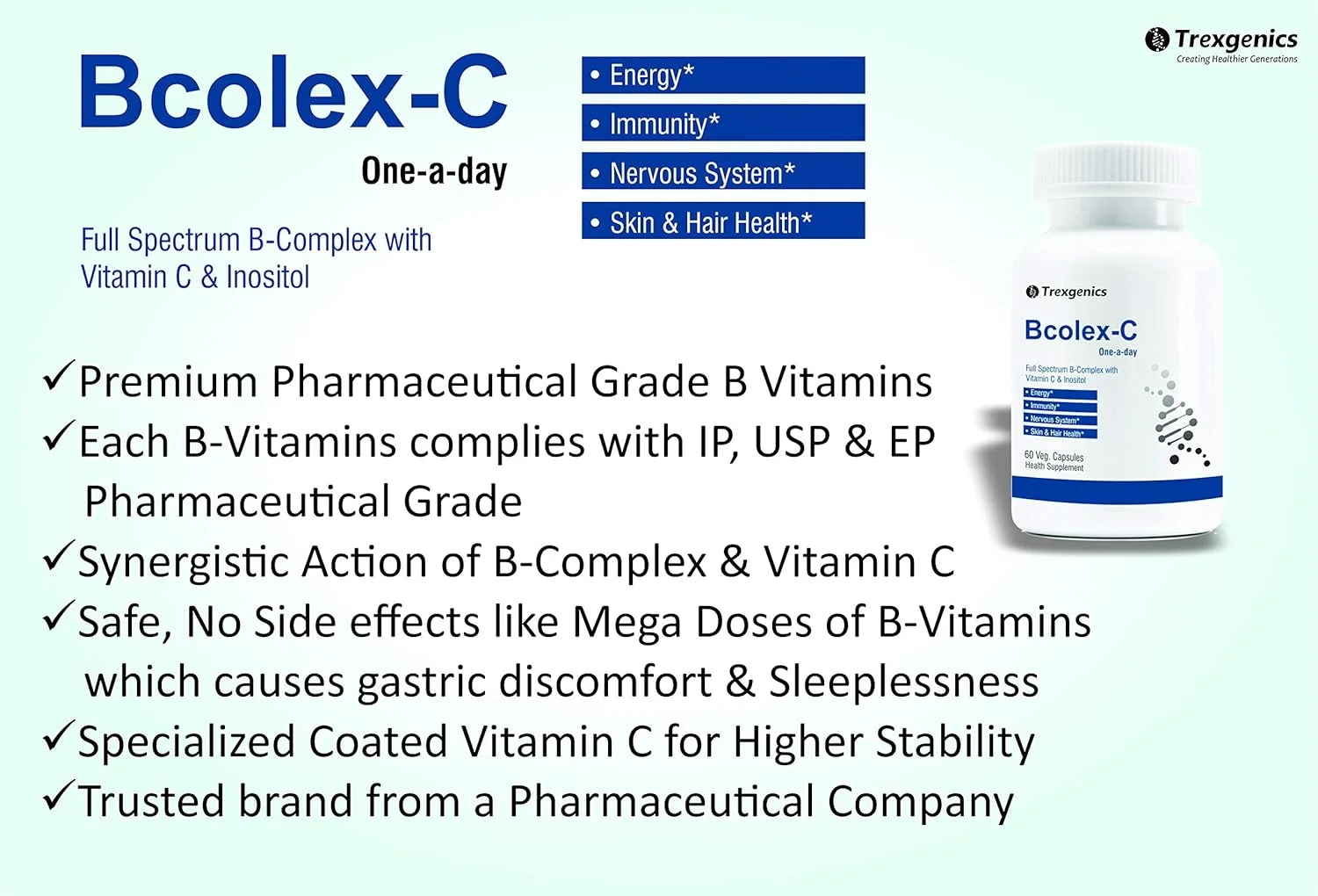 ترکس ژنیکس بی کولکس-سی، کمپلکس کامل ویتامین B به همراه ویتامین C و اینوزیتول 100 میلی گرم، انرژی، سیستم ایمنی و سیستم عصبی (60 کپسول گیاهی)