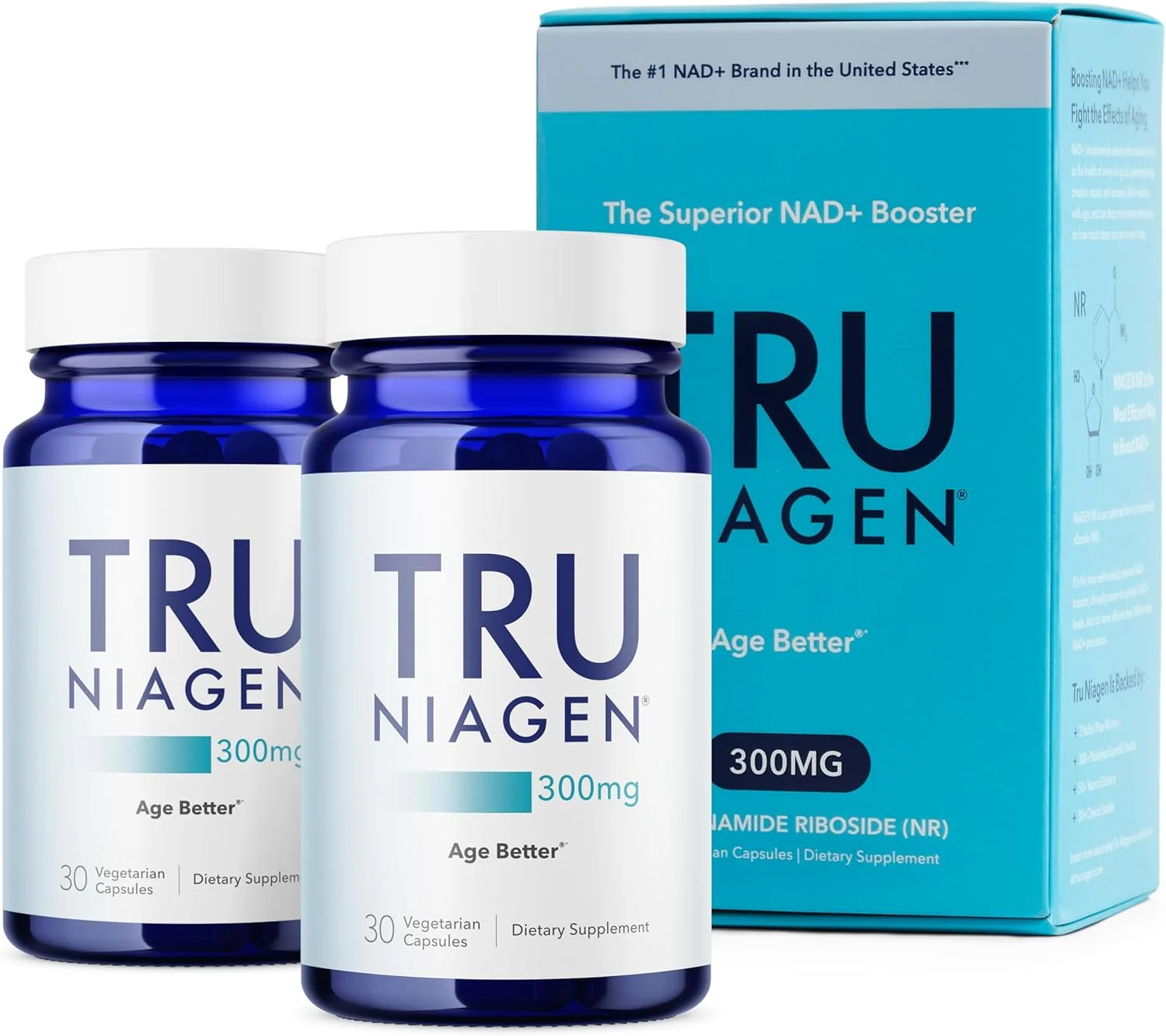 مکمل NAD ثبت شده TruNiagen برای ضد پیری و بازسازی سلولی، 300 میلی گرم نیاژن، 30 سروینگ | پشتیبانی از انرژی سلولی، مغز و عضله | نیکوتین آمید ریبوزید (NR) روزانه 1 عدد | 2 بطری
