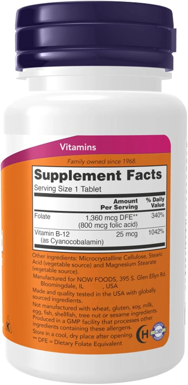 قرص های اسید فولیک 800 میکروگرم Now Foods به همراه ویتامین B12 - 250 عدد