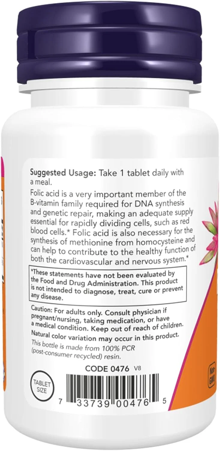 قرص های اسید فولیک 800 میکروگرم Now Foods به همراه ویتامین B12 - 250 عدد