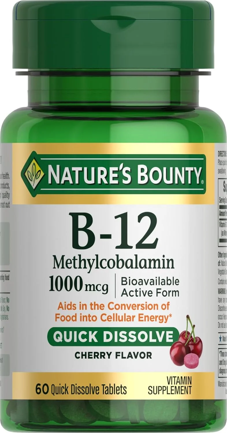 قرص های ویتامین B-12 با قابلیت حل سریع Nature's Bounty، 1000 میکروگرم، کمک به تبدیل غذا به انرژی سلولی، طعم گیلاس، 60 عدد