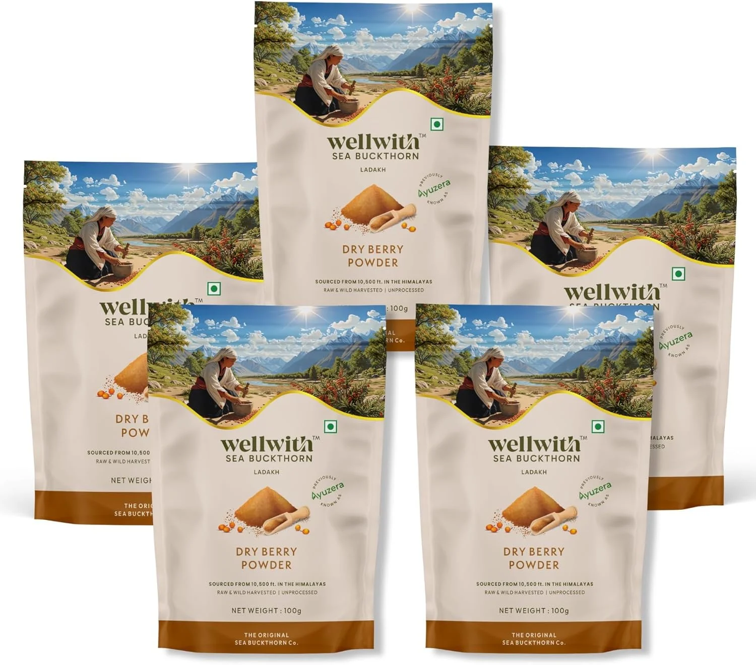 پودر توت دریایی هیمالیا Wellwith by Ayuzera، 500 گرم | سرشار از امگا 3، 6، 7، 9 | کلاژن، فیبر، امگا، ویتامین C، ویتامین E | پودر خشک توت دریایی (500 گرم)