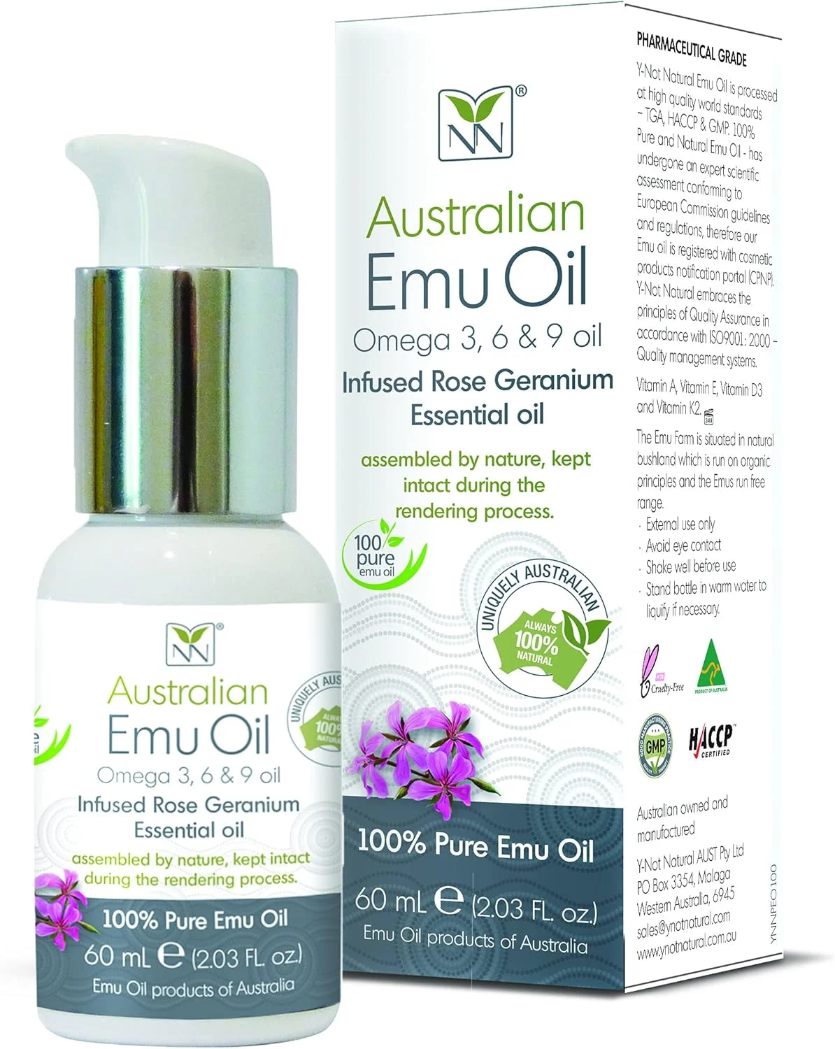 روغن ایمو خالص استرالیایی Y-Not Natural® با روغن ضروری گل شمعدانی رز - 59 میلی لیتر - روغن ایمو لوکس و با گرید دارویی برای مو، پوست و پوست سر