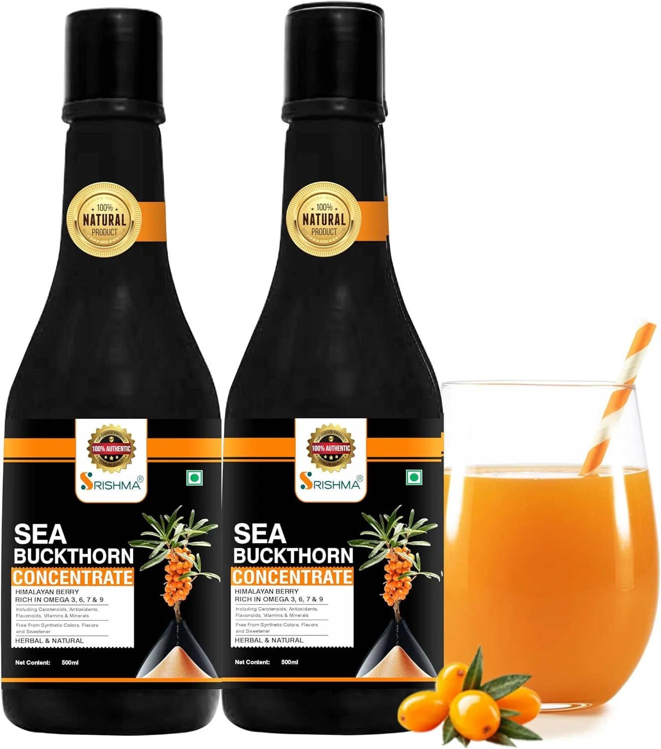 آب میوه سنجد دریایی سریشما، توت هیمالیا، غنی شده با امگا 3، 6، 9 و 7 (500 میلی لیتر x 2)