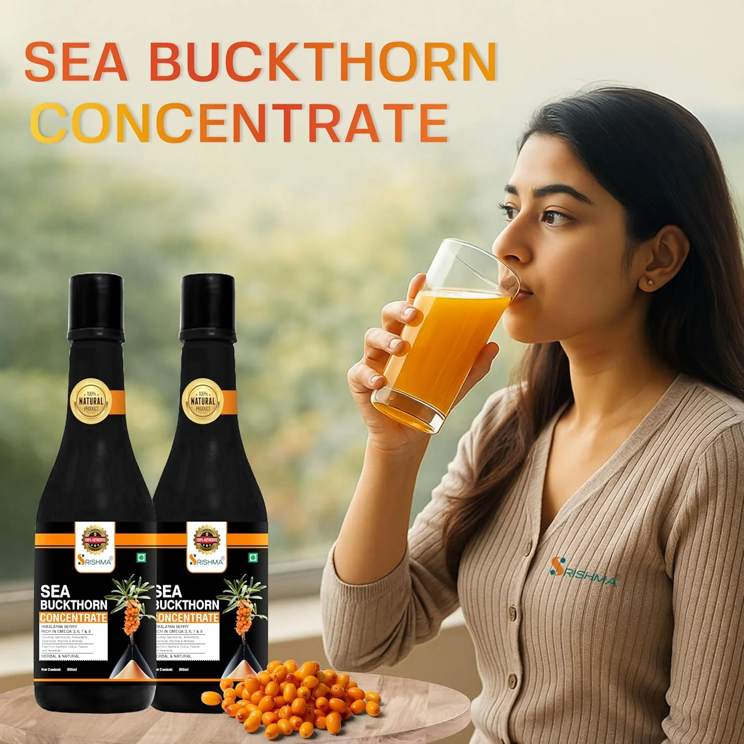 آب میوه سنجد دریایی سریشما، توت هیمالیا، غنی شده با امگا 3، 6، 9 و 7 (500 میلی لیتر x 2)