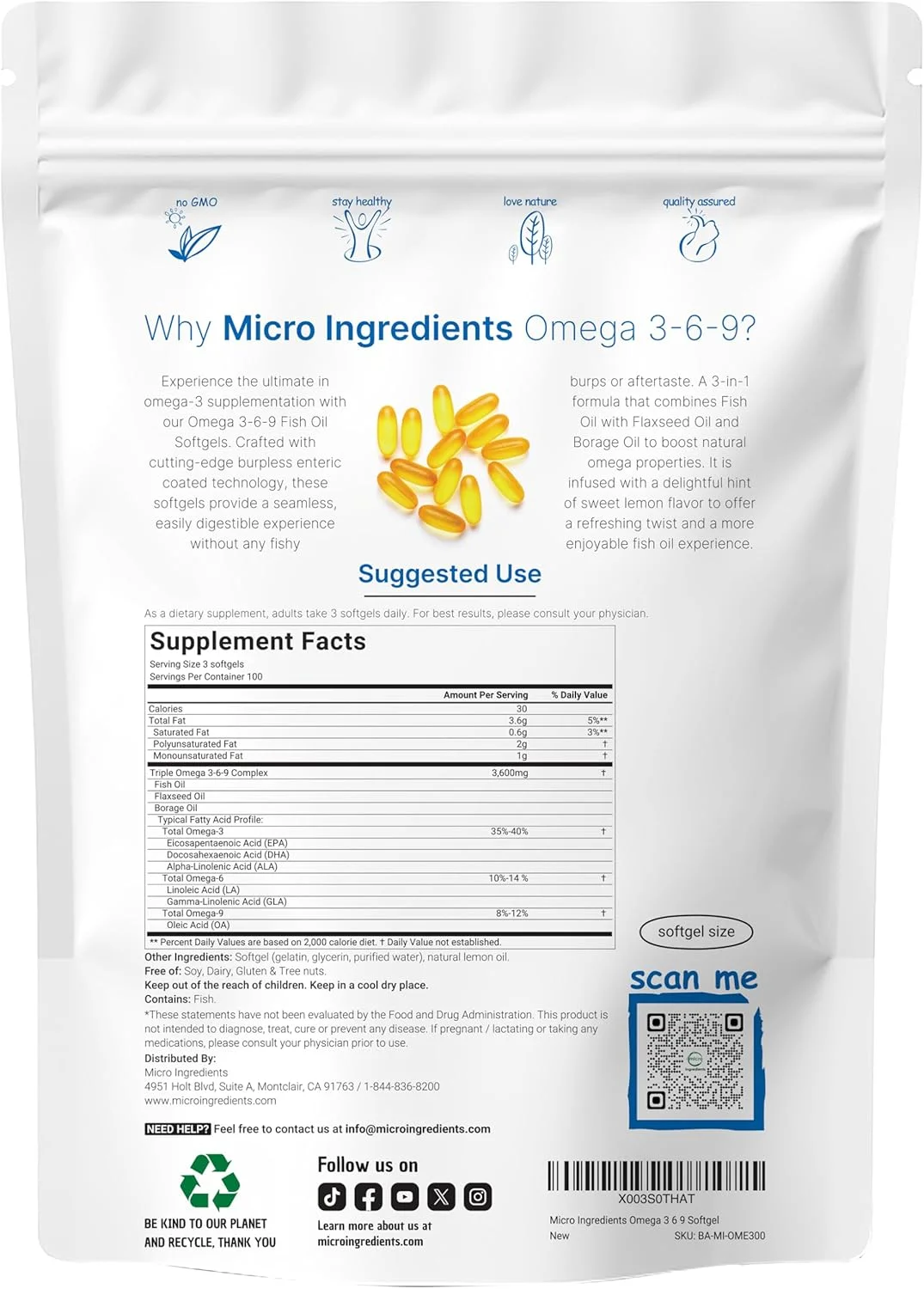 امگا 3 6 9 با قدرت سه برابر، 3600 میلی گرم در هر وعده، 300 عدد، فناوری روکش دار روده ای بدون آروغ، ماهی اعماق اقیانوس، صید وحشی در دریای نروژ، با دانه کتان، روغن گل مغربی، فاقد جیوه