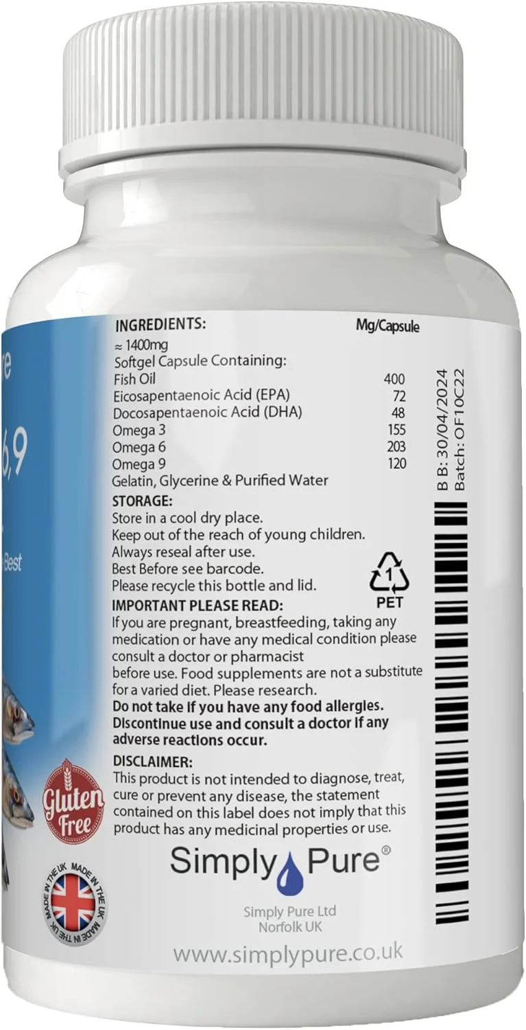 کمپلکس روغن ماهی امگا 3، 6، 9 سیمپلی پیور، 60 عدد کپسول، فاقد گلوتن و فاقد GMO.