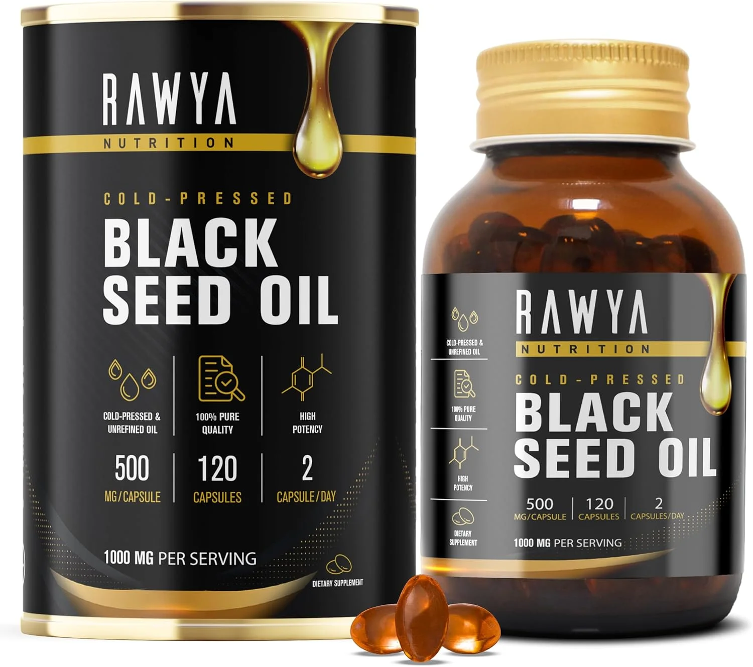 روغن دانه سیاه رویا - 120 کپسول سافت ژل، دانه سیاه خالص زیره - 500 میلی گرم، پشتیبانی از سیستم ایمنی، مفاصل، رشد مو و پوست، حلال