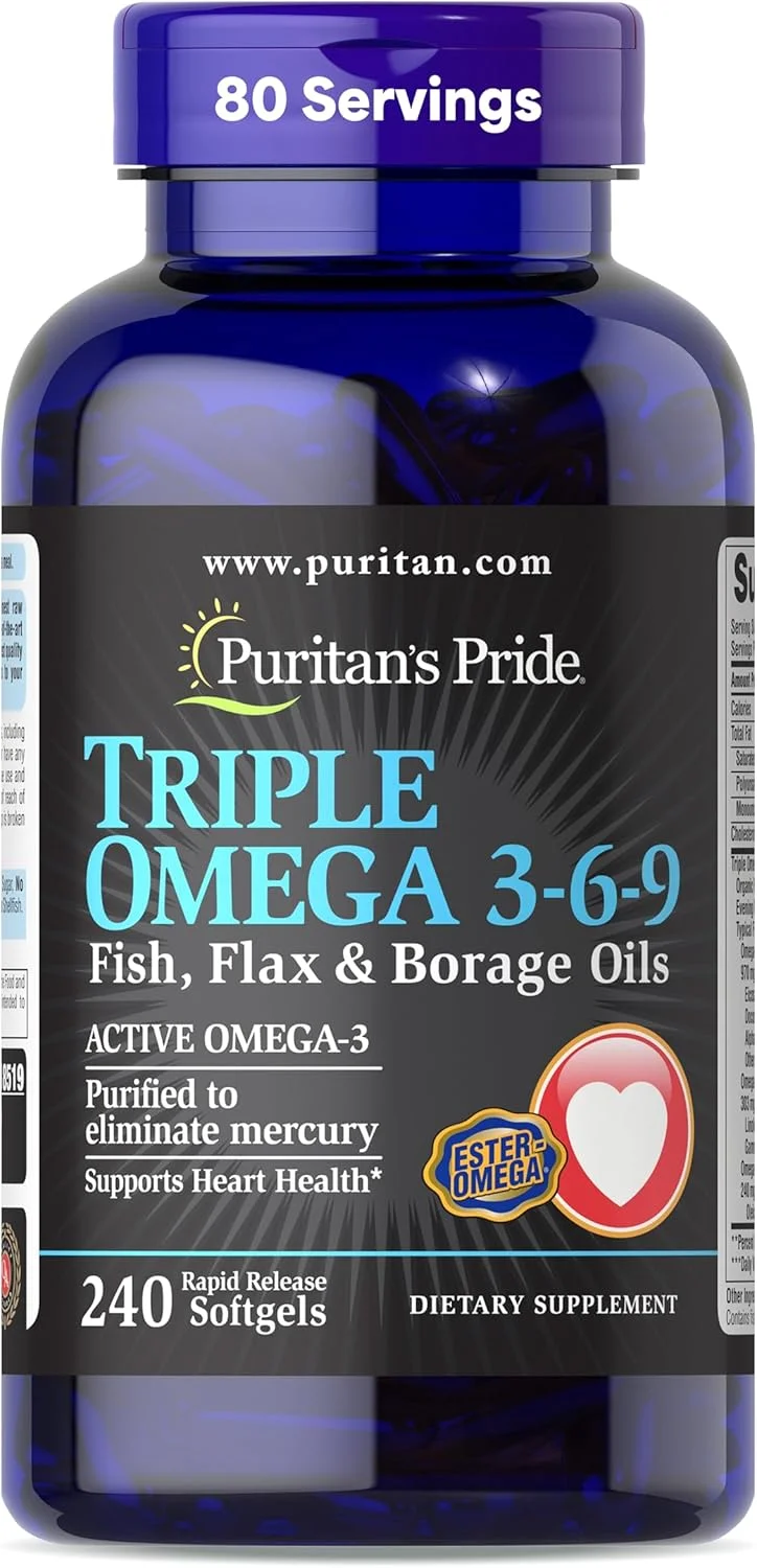 Puritan's Pride Triple Omega 3-6-9 روغن ماهی، تخم کتان و گل گاوزبان، پشتیبانی از سلامت قلب و مفاصل سالم، 240 عدد