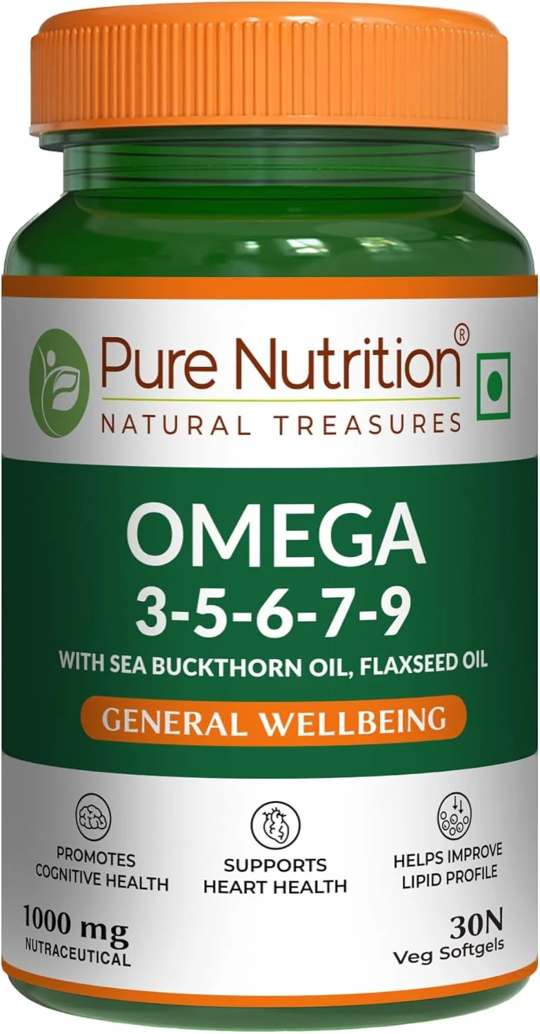 امگا 3-5-6-7-9 تغذیه خالص، 100% گیاهی، روغن بذر کتان کمک به سلامت مغز و قلب و ایمنی - 60 سافت ژل گیاهی