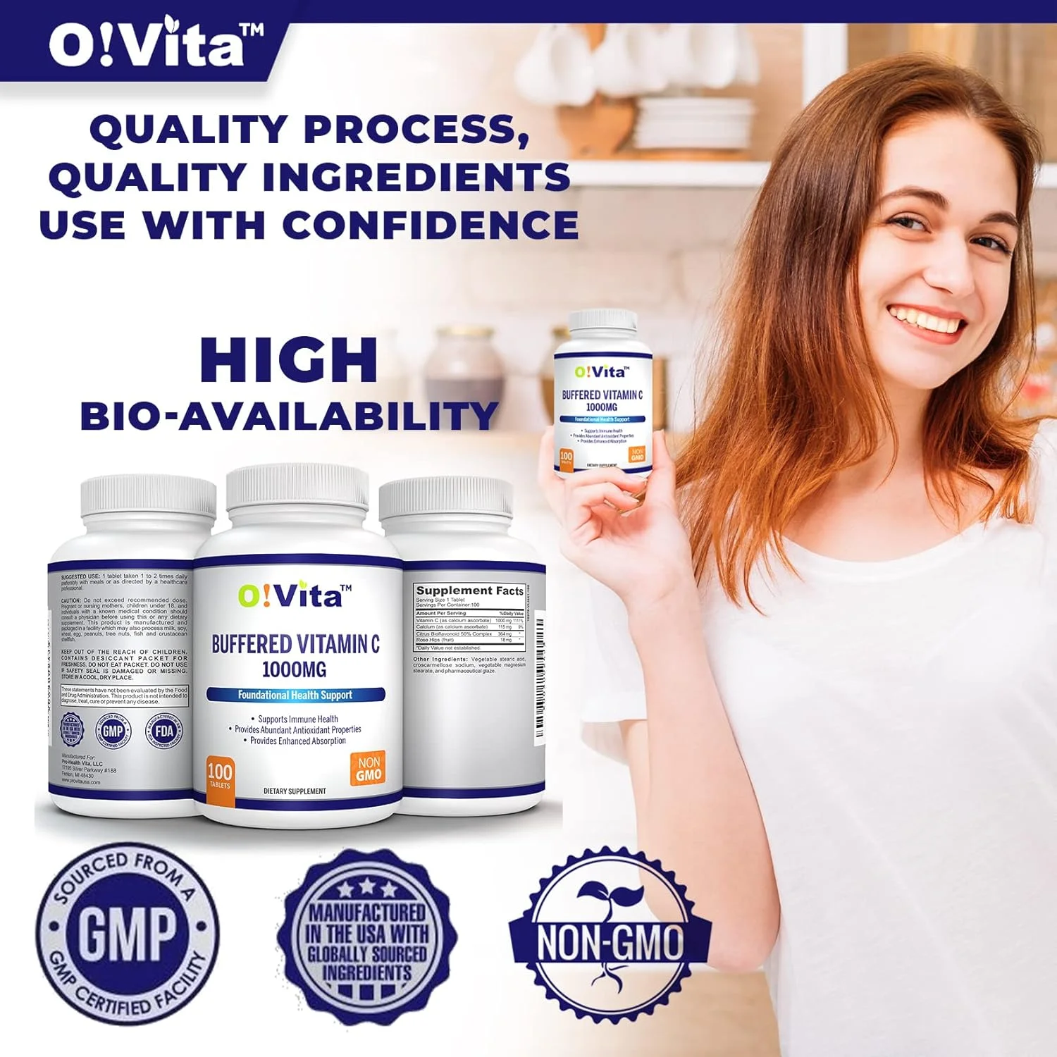 ویتامین C بافر شده ۱۰۰۰ میلی گرم برای پشتیبانی از سلامت سیستم ایمنی، ۱۰۰ قرص غیر تراریخته بافر شده، تامین ۱۰۰ روزه