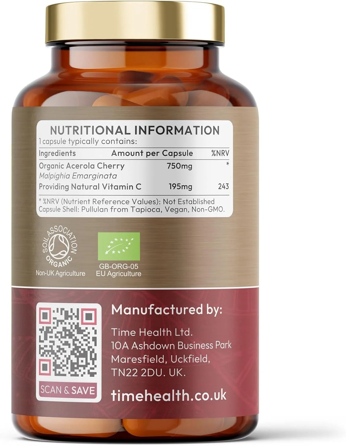 گیلاس آسرولا ارگانیک تایم هلث - خشک شده انجمادی - 26% ویتامین C - نسبت عصاره 44:1 - طبیعی و غذای کامل - ساخت انگلستان - بدون هیچ افزودنی (120 کپسول)