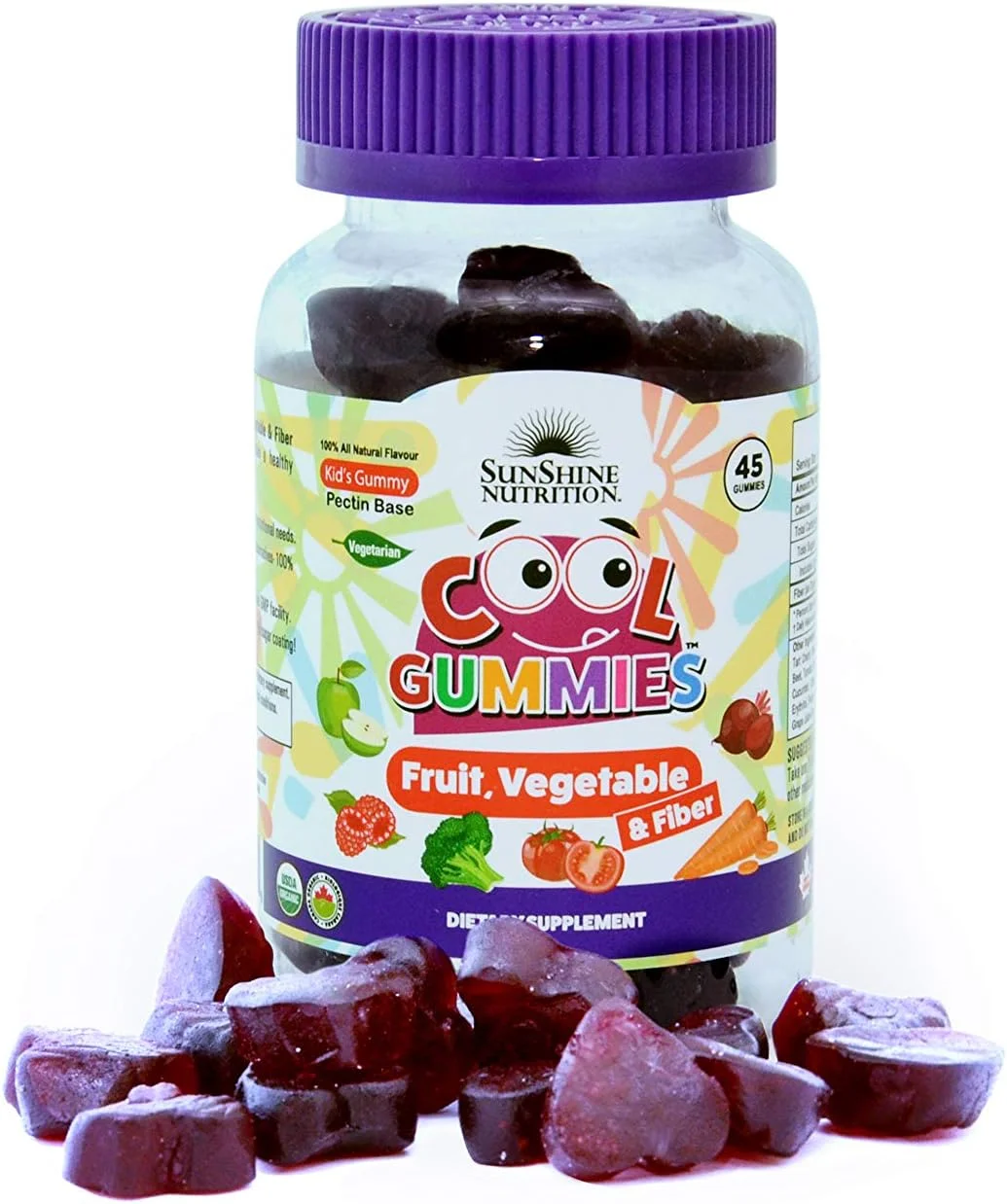 پاستیل های خنک سان شاین نوتریشن با طعم میوه، سبزیجات و فیبر برای بزرگسالان، 45 عدد | بدون روکش شکر | وگان | طعم کاملا طبیعی