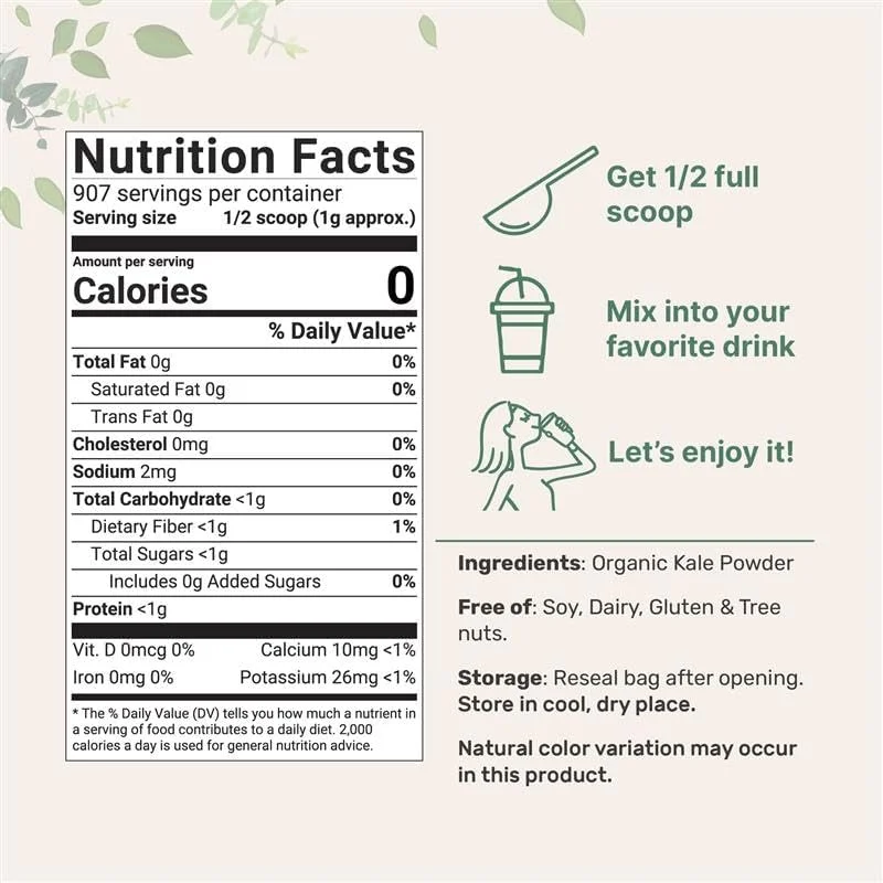 پودر کلم پیچ ارگانیک، تولید شده در آمریکا، 450 گرم (90 سروینگ)، حاوی ویتامین C برای حمایت از سیستم ایمنی، سوپرفود سبز برای سلامتی کلی بدن و کبد، بدون GMO و مناسب برای گیاهخواران