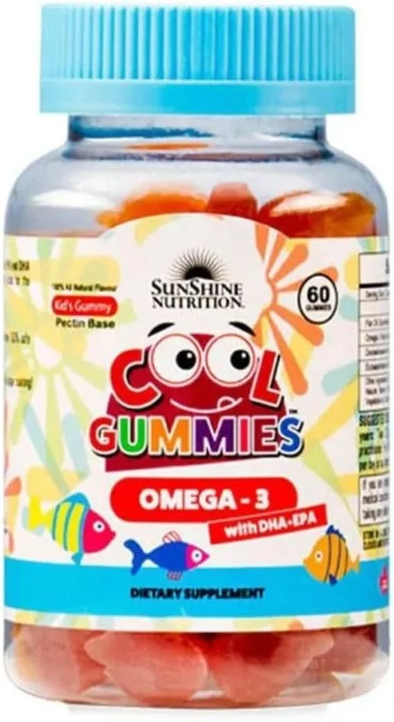 پاستیل های جویدنی خنک امگا 3 سان شاین نوتریشن حاوی DHA/EPA برای کودکان، 60 عدد | بدون روکش شکر | طعم طبیعی | بدون گلوتن