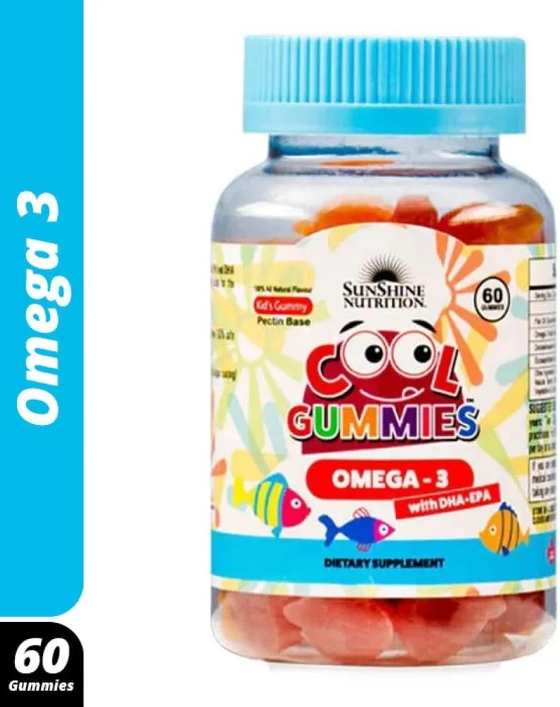 پاستیل های جویدنی خنک امگا 3 سان شاین نوتریشن حاوی DHA/EPA برای کودکان، 60 عدد | بدون روکش شکر | طعم طبیعی | بدون گلوتن