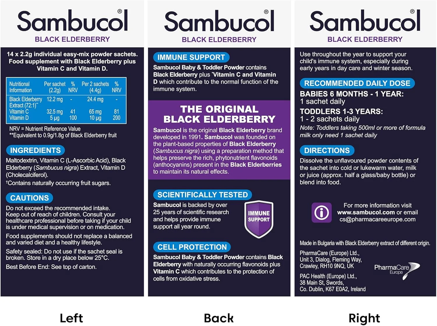 پودر ساشه ای سامبوکال کودک و نوپا | حاوی عصاره طبیعی انگور فرنگی سیاه | ویتامین C | ویتامین D | 14 ساشه