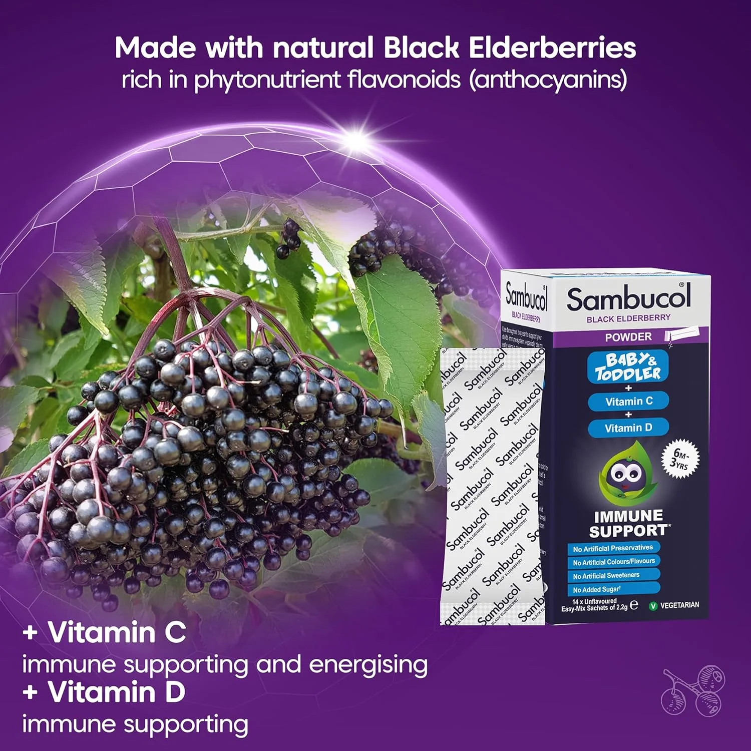 پودر ساشه ای سامبوکال کودک و نوپا | حاوی عصاره طبیعی انگور فرنگی سیاه | ویتامین C | ویتامین D | 14 ساشه