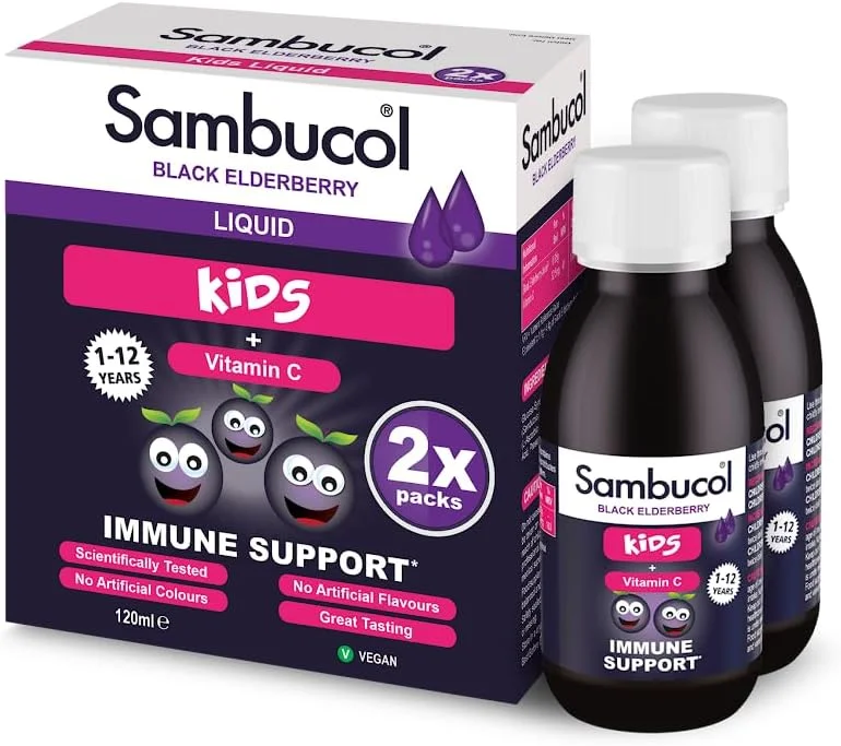 شربت تقویت سیستم ایمنی کودکان Sambucol - مایع گیاه آقطی سیاه طبیعی با ویتامین C، آنتی اکسیدان بالا، وگان - 2 بسته، در مجموع 240 میلی لیتر