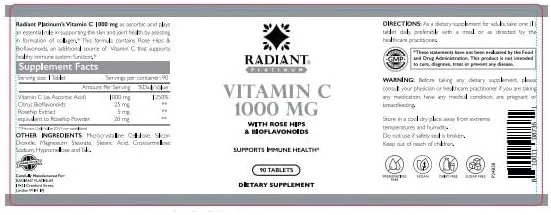 ویتامین C رادیانت پلاتینیوم 1000 میلی گرم با رزهیپس، 90 قرص