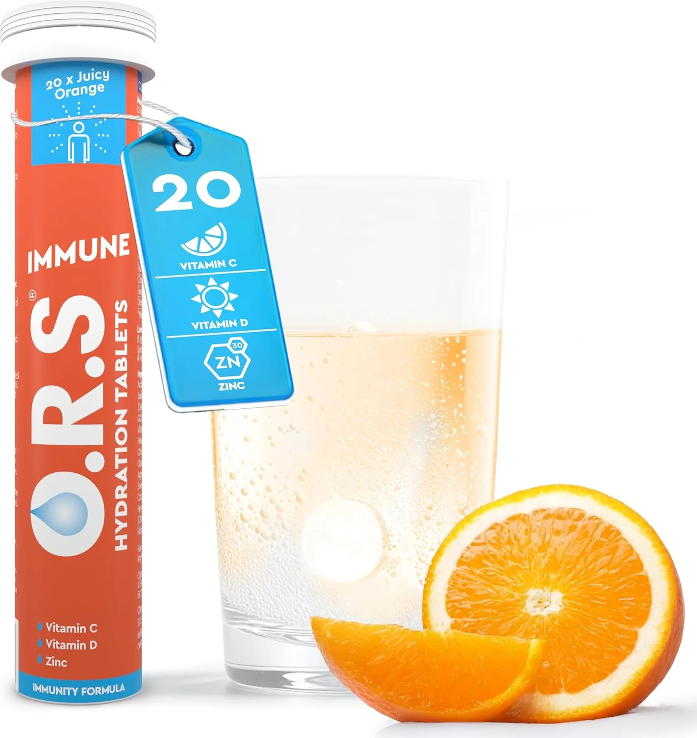 قرص های آبرسان O.R.S Immune Vitamin C با الکترولیت، تقویت کننده سیستم ایمنی با ویتامین ها و مواد معدنی، وگان، بدون گلوتن و لاکتوز - آبرسانی خوراکی محلول ورزشی، طعم پرتقال طبیعی، 20 عدد