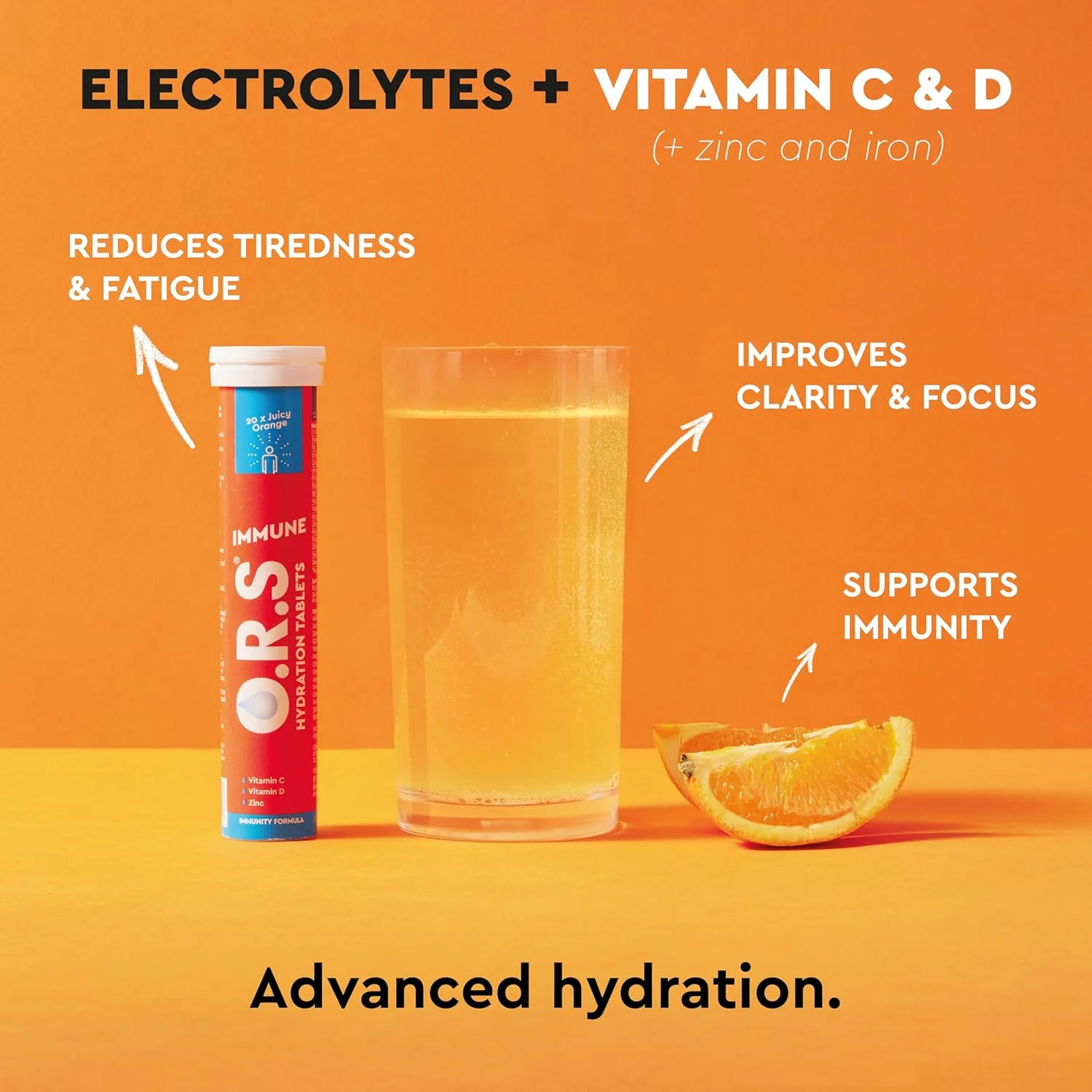 قرص های آبرسان O.R.S Immune Vitamin C با الکترولیت، تقویت کننده سیستم ایمنی با ویتامین ها و مواد معدنی، وگان، بدون گلوتن و لاکتوز - آبرسانی خوراکی محلول ورزشی، طعم پرتقال طبیعی، 20 عدد