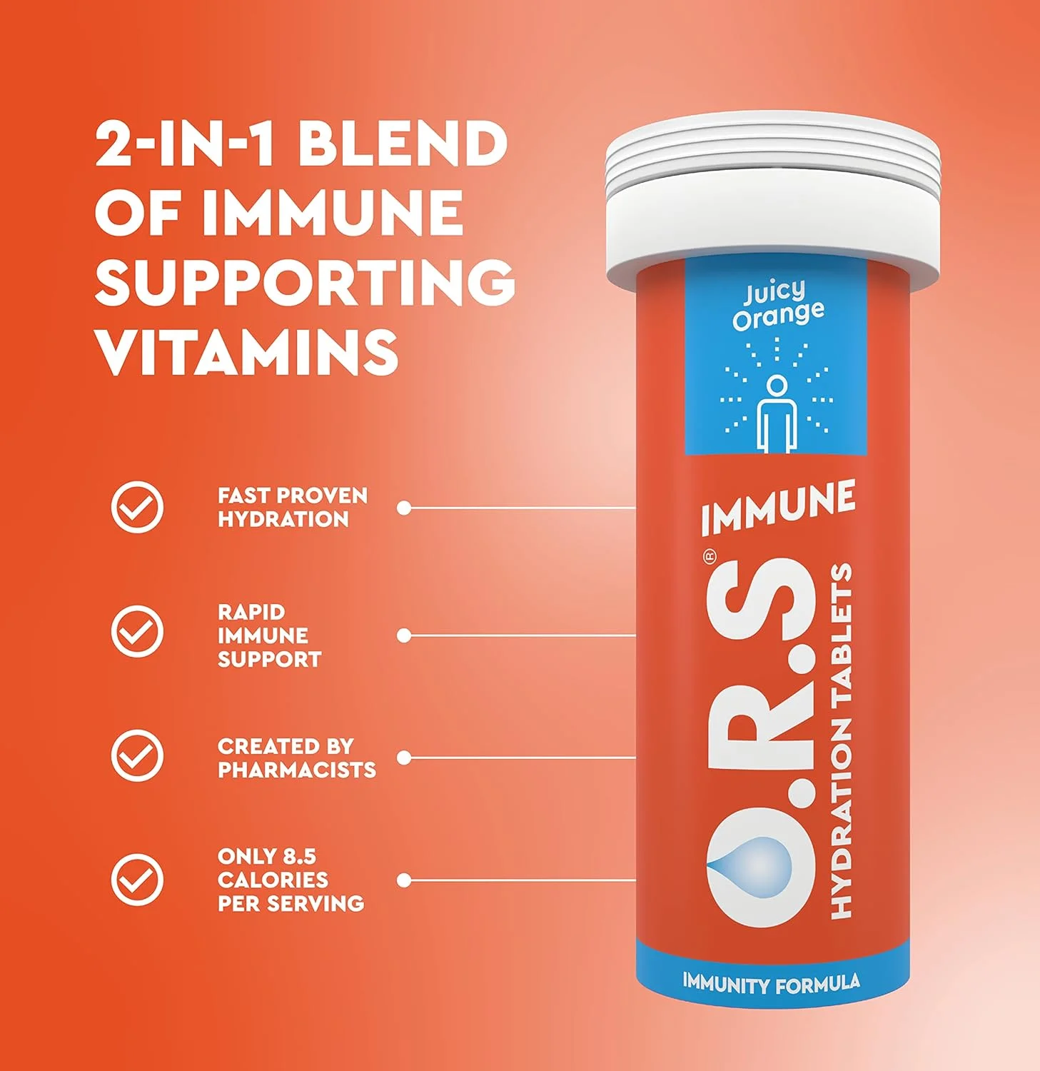 قرص های آبرسان O.R.S Immune Vitamin C با الکترولیت، تقویت کننده سیستم ایمنی با ویتامین ها و مواد معدنی، وگان، بدون گلوتن و لاکتوز - آبرسانی خوراکی محلول ورزشی، طعم پرتقال طبیعی، 20 عدد