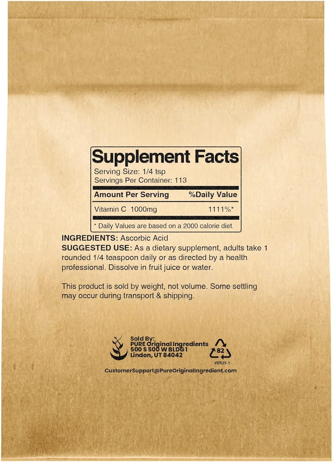 پودر ویتامین C با مواد اولیه خالص و طبیعی (113 گرم) بسته بندی سازگار با محیط زیست، اسید آسکوربیک، مراقبت از پوست DIY، آنتی اکسیدان*