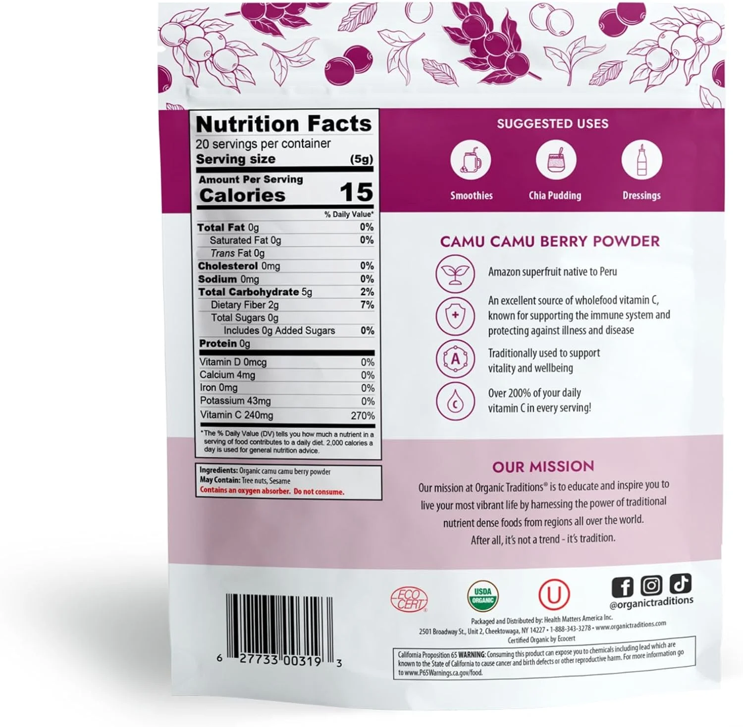 پودر توت کامو کامو ارگانیک ترادیشنز | 100 گرم | منبع عالی ویتامین C کامل | بدون شکر یا مواد افزودنی