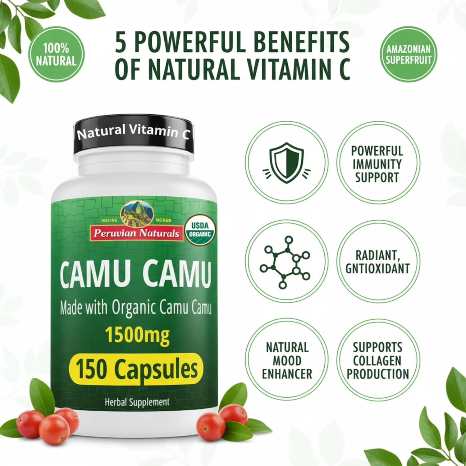 کپسول های کامو کامو پرویین نچرالز - بسته 150 عددی - وگان، دارای گواهی USDA ارگانیک پودر توت کامو - منبع غنی ویتامین C - پودر خام کامو کامو - مکمل سلامت سیستم ایمنی