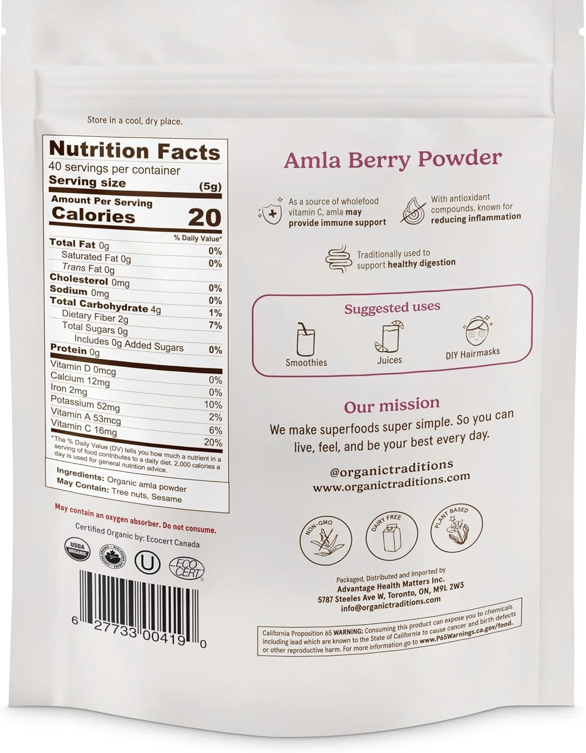 پودر اَملا بری ارگانیک ترادیشنز | 200 گرم | گیاه انرژی‌بخش آداپتوژن | سرشار از ویتامین C به همراه آهن | دارای گواهی ارگانیک USDA