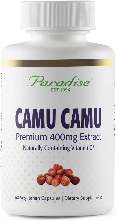 کپسول های گیاهی ارگانیک کامو کامو همراه با ویتامین C طبیعی، بدون گلوتن، غیر تراریخته، وگان، 400 میلی گرم، 60 عدد