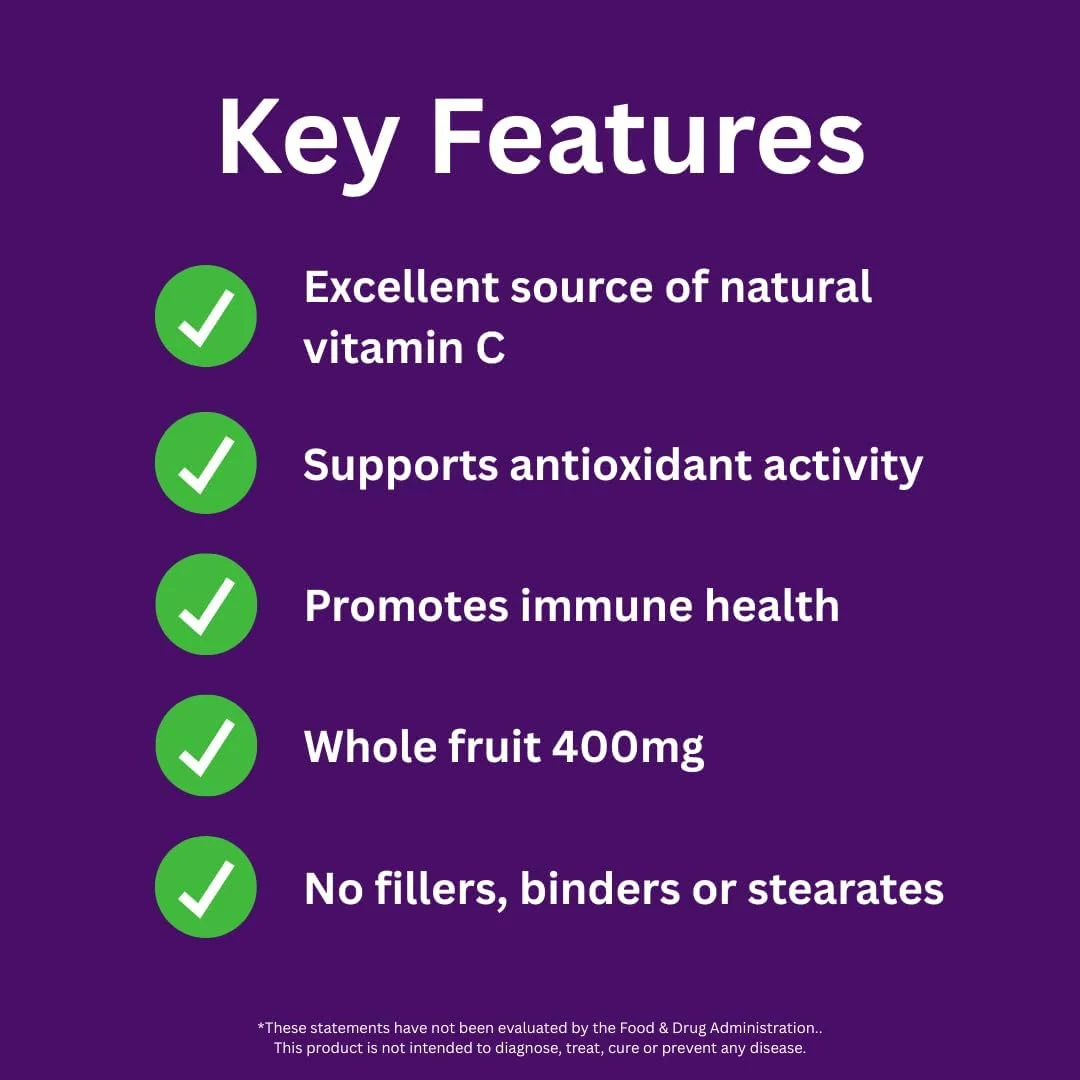 کپسول های گیاهی ارگانیک کامو کامو همراه با ویتامین C طبیعی، بدون گلوتن، غیر تراریخته، وگان، 400 میلی گرم، 60 عدد
