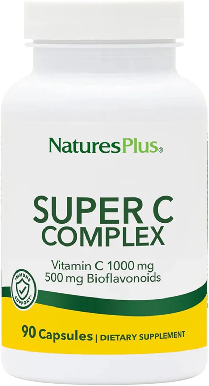 کمپلکس سوپر C نیچرز پلاس - 1000 میلی گرم آسکوربیک اسید، 90 کپسول گیاهی - مکمل ویتامین C با قدرت بالا، آنتی اکسیدان - فاقد گلوتن - 45 سروینگ