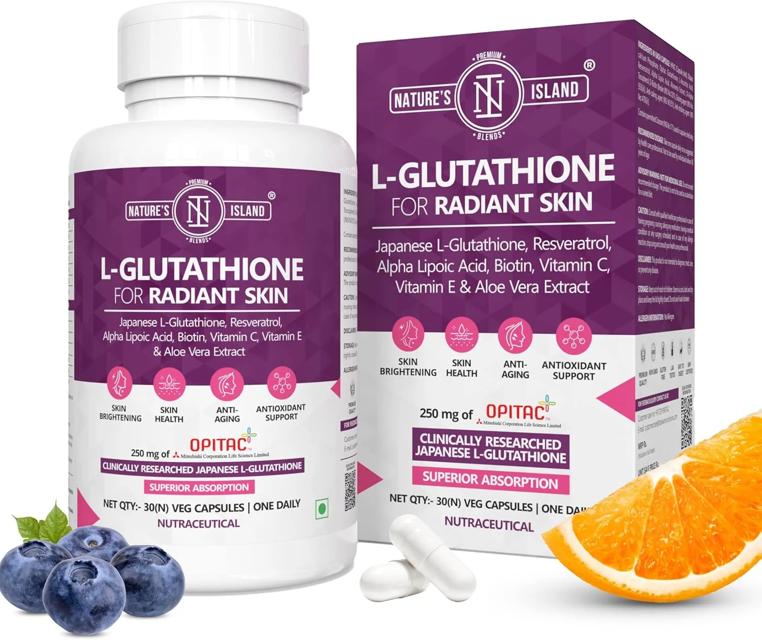 ال-گلوتاتیون ژاپنی Nature's Island با کلاژن ساز، ویتامین C، E، بیوتین، آلفا لیپوئیک اسید، آلوئه ورا، رسوراترول برای پوست شفاف، کاهش رنگدانه، لکه های تیره - 30 کپسول گیاهی