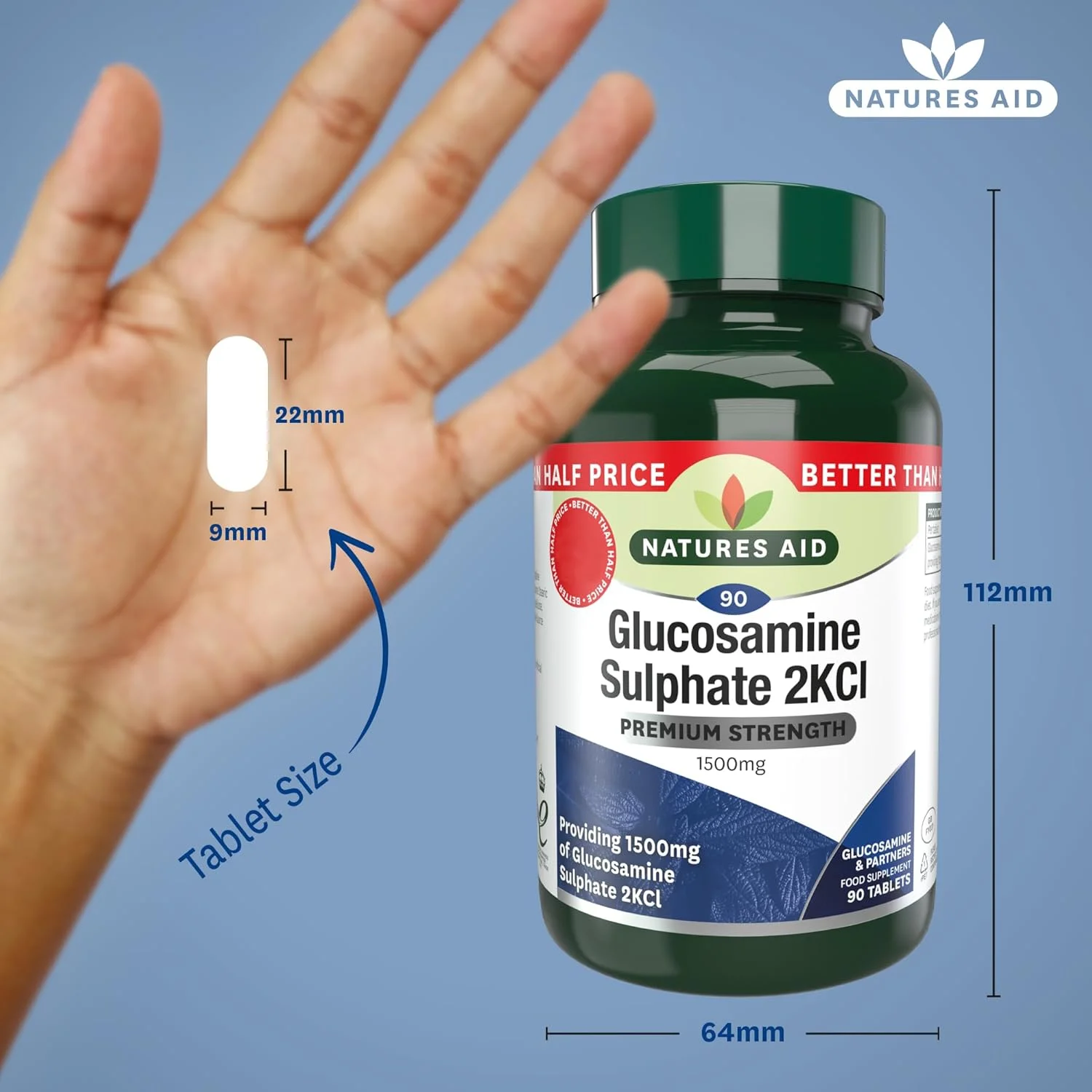 نیچرز اید گلوکزامین سولفات 1500 میلی گرم، قدرت بالا، بدون نمک، 90 قرص