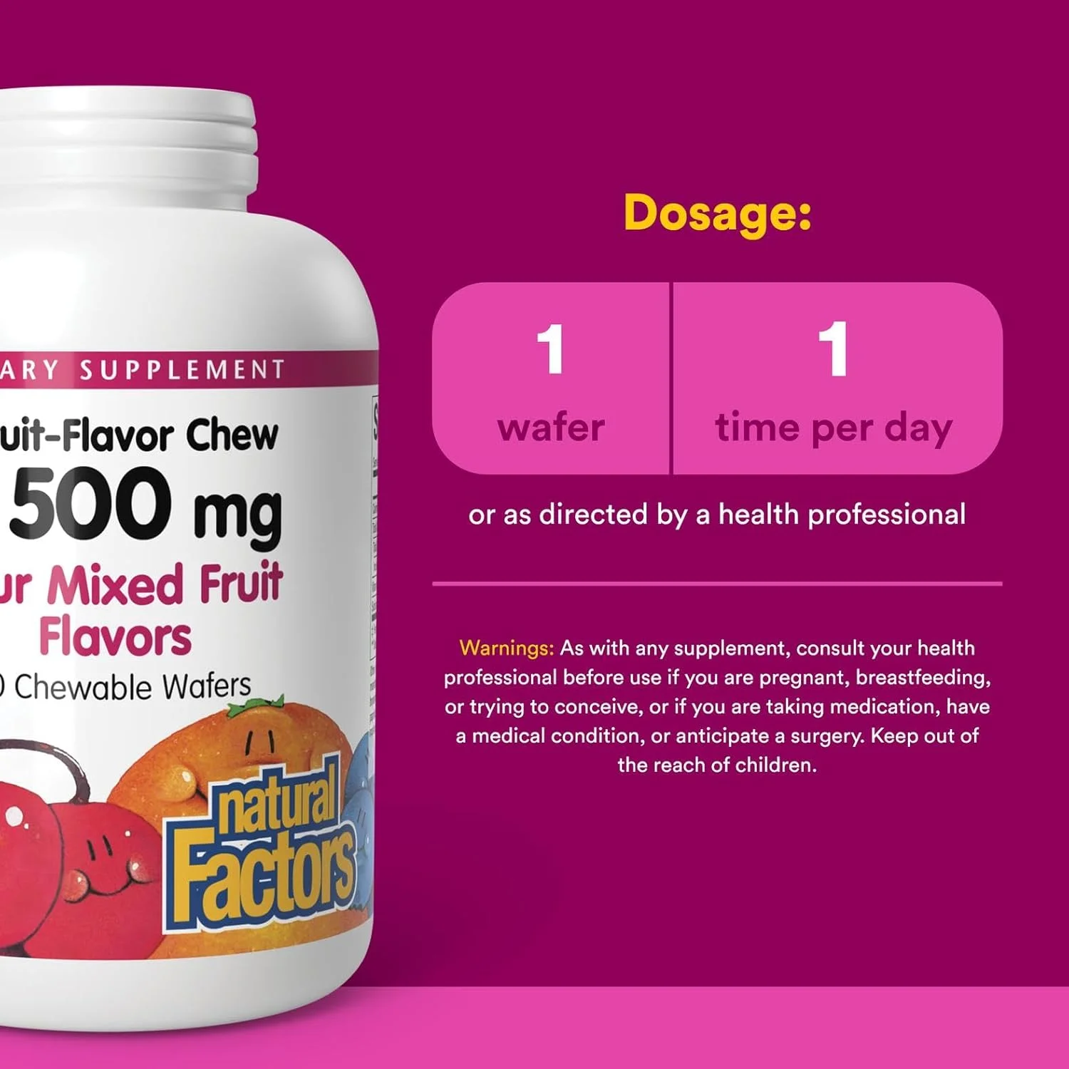 فاکتورهای طبیعی ویتامین ث 500 میلی گرم با چهار طعم میوه مخلوط، 180 قرص جویدنی