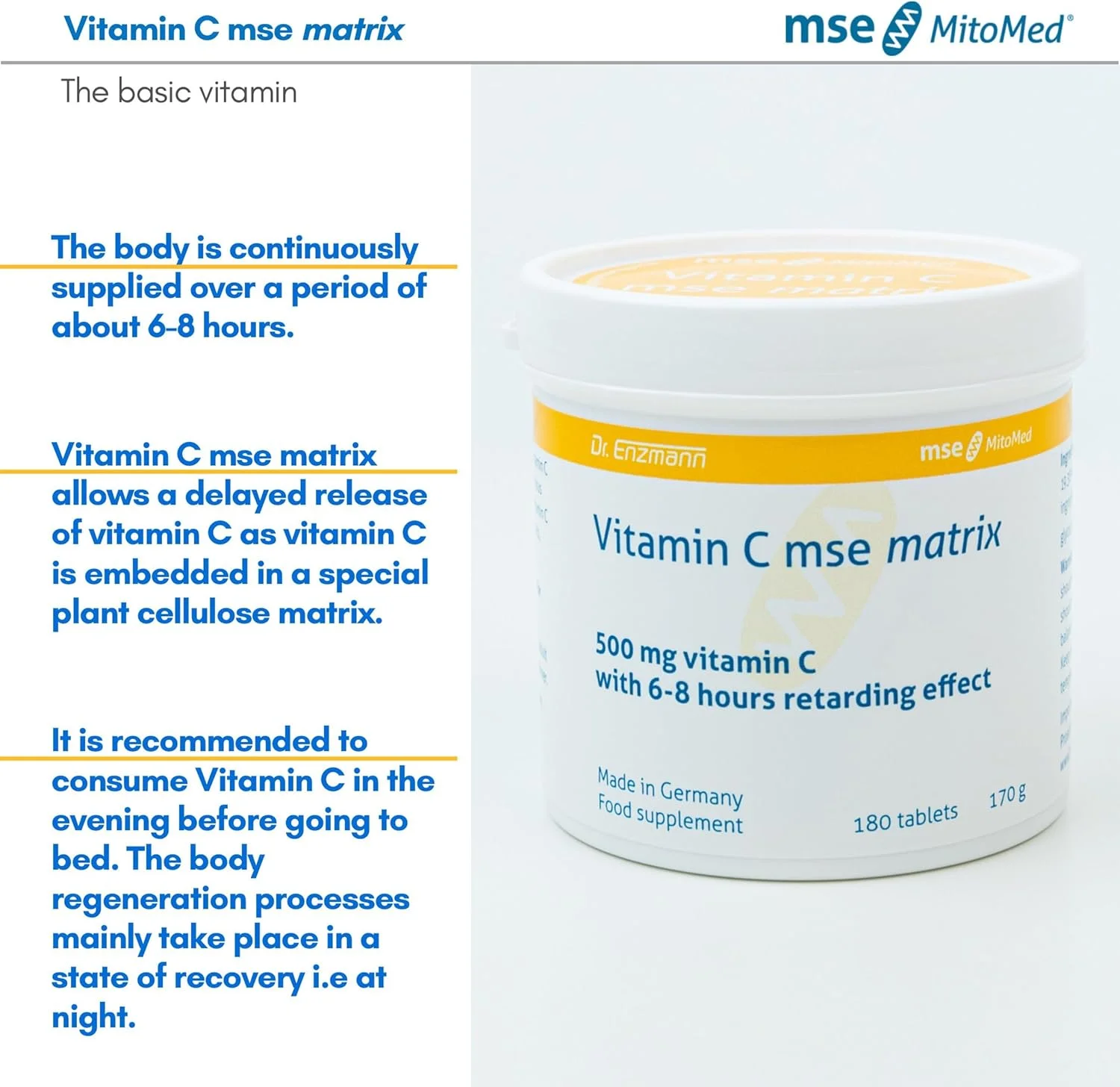 ماتریکس ویتامین C 500 میلی گرم 180 قرص - مکمل غذایی - تقویت سیستم ایمنی - رهش آهسته ساخت آلمان