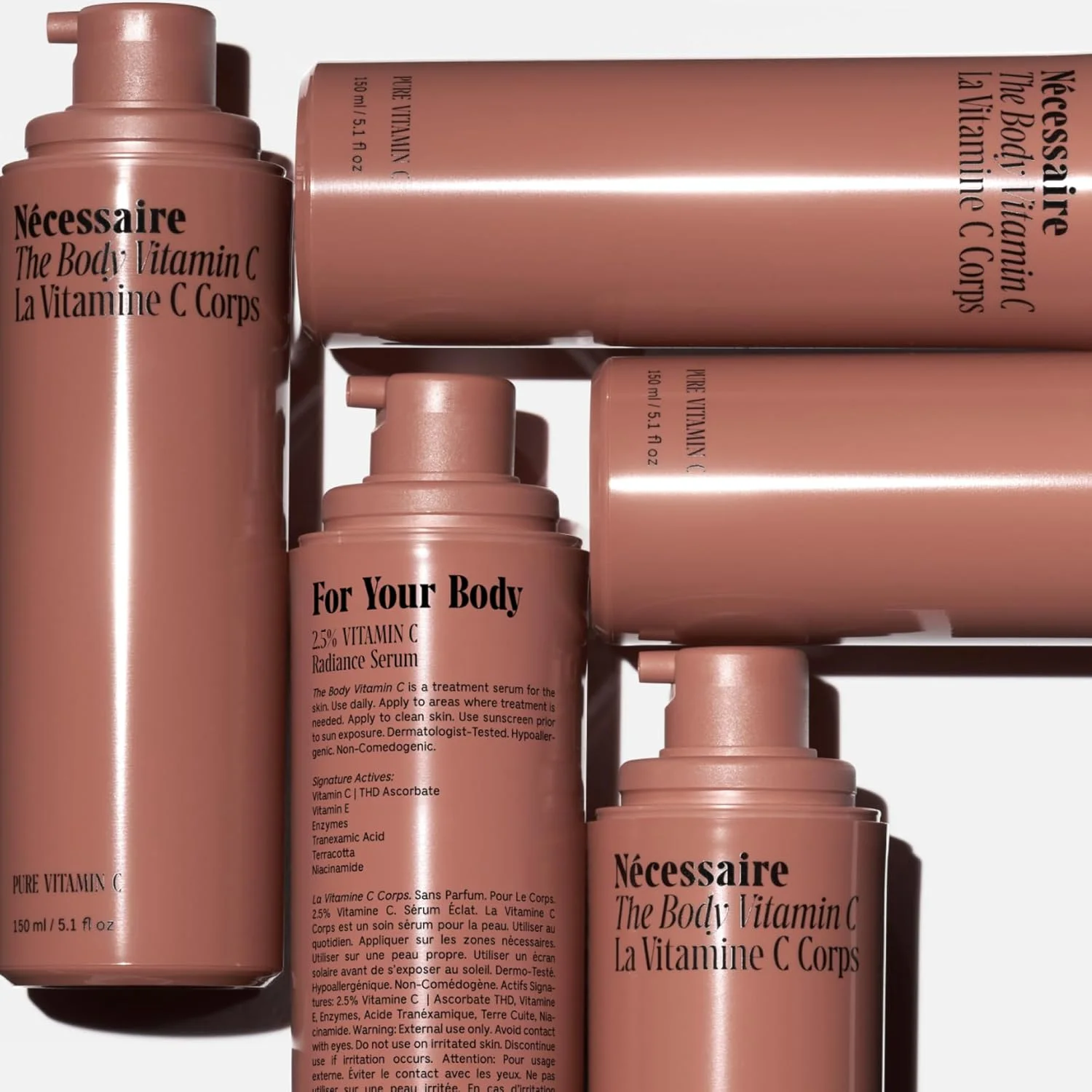 سرم ویتامین C بدن Nécessaire | درمان با ویتامین C خالص، ترانگزامیک اسید و آنزیم ها برای بانوان + آقایان | روشن کننده + یکنواخت کننده رنگ پوست | تست شده توسط متخصص پوست. ضد حساسیت (150 میلی لیتر/5.1 اونس)