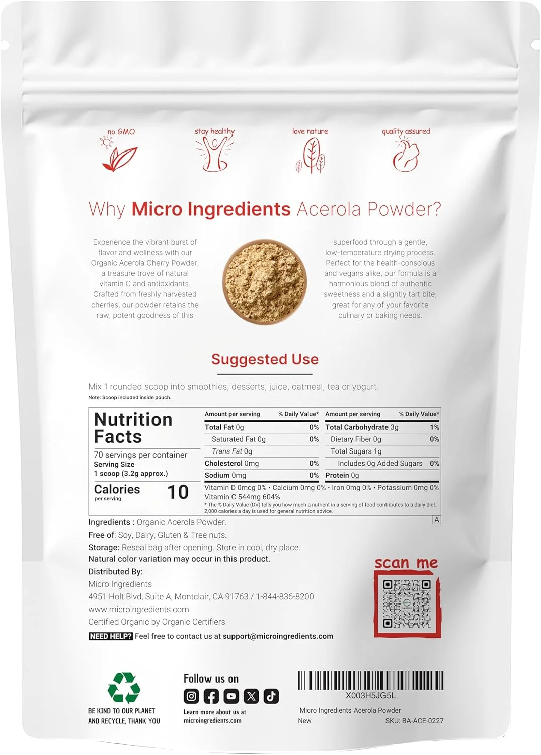 پودر خالص گیلاس آسرولا، ارگانیک، ویتامین C ارگانیک طبیعی برای تقویت سیستم ایمنی، 226 گرم، بهترین سوپرفودها برای نوشیدنی، اسموتی و نوشیدنی ها، مناسب برای گیاهخواران، محصول برزیل