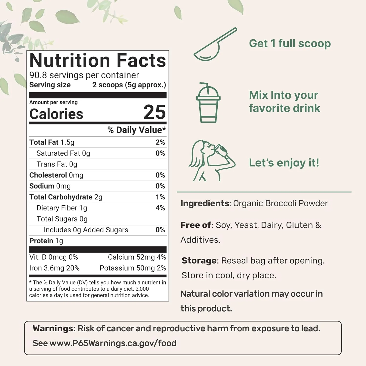 پودر کلم بروکلی ارگانیک میکرو اینگرِدیِنتس، 450 گرم، خشک شده انجمادی، حاوی DIM (دی ایندولیل متان) طبیعی، سرشار از فیبر و ویتامین C تقویت کننده سیستم ایمنی، سوپرفود سبز برای اسموتی و نوشیدنی ها، مناسب برای گیاهخواران