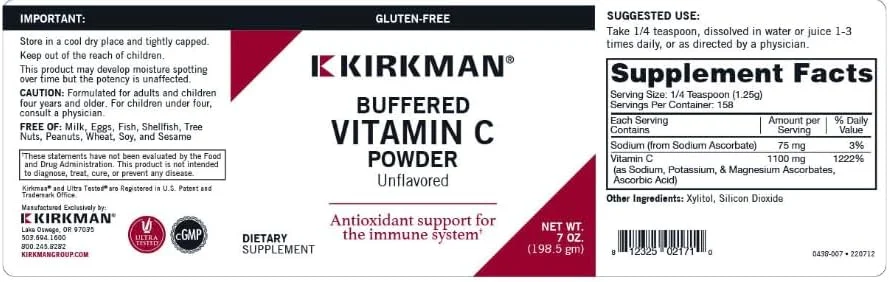 پودر ویتامین C بدون طعم Kirkman Bio Max Series، ضد حساسیت، بدون کازئین و گلوتن - 198.5 گرم