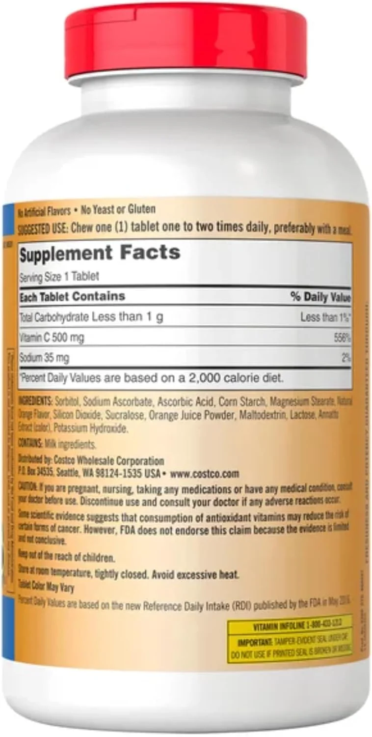 ویتامین C جویدنی Kirkland Signature 500 میلی گرم با طعم پرتقال تند: 500 عدد قرص