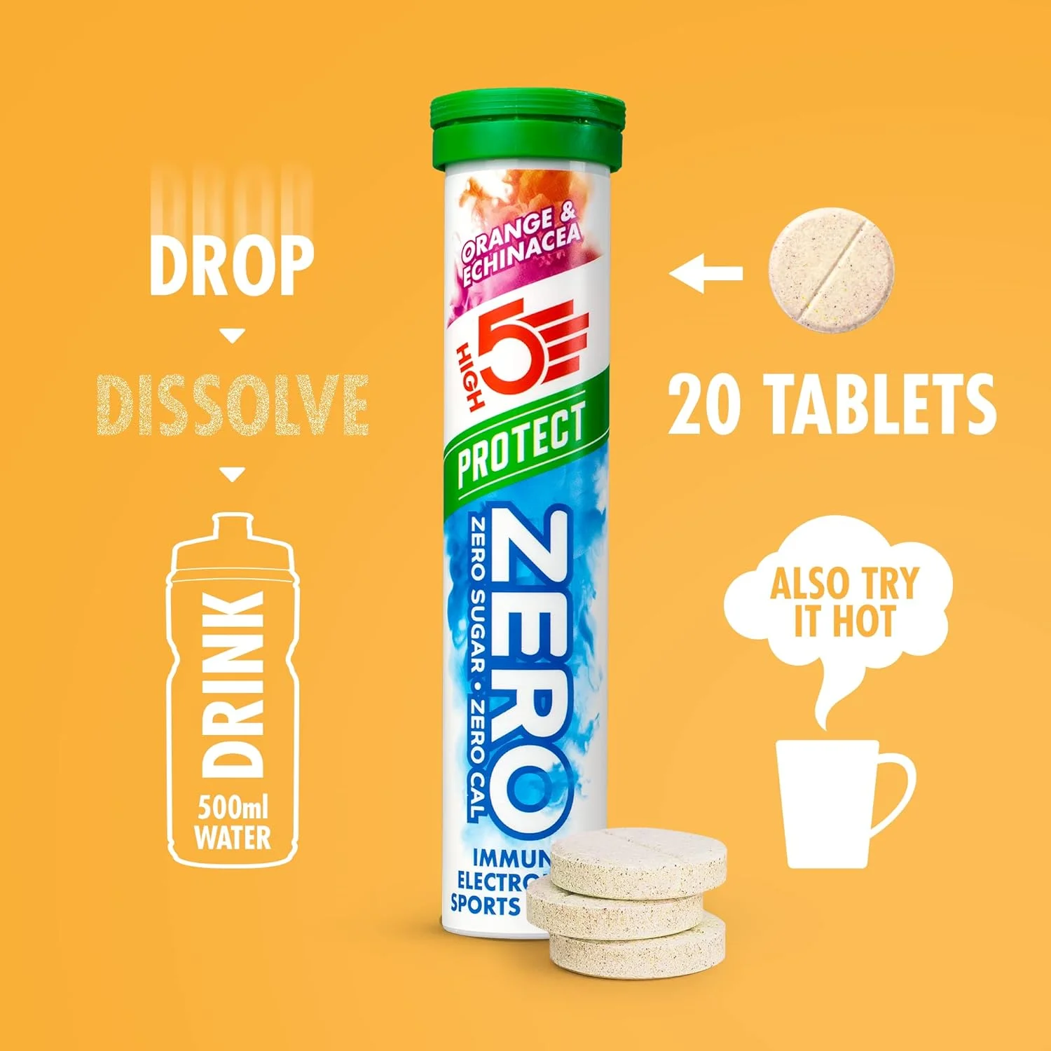 قرص های آبرسان الکترولیتی HIGH5 Zero Protect با ویتامین C و D، طعم پرتقال و اکیناسه، بسته 20 عددی