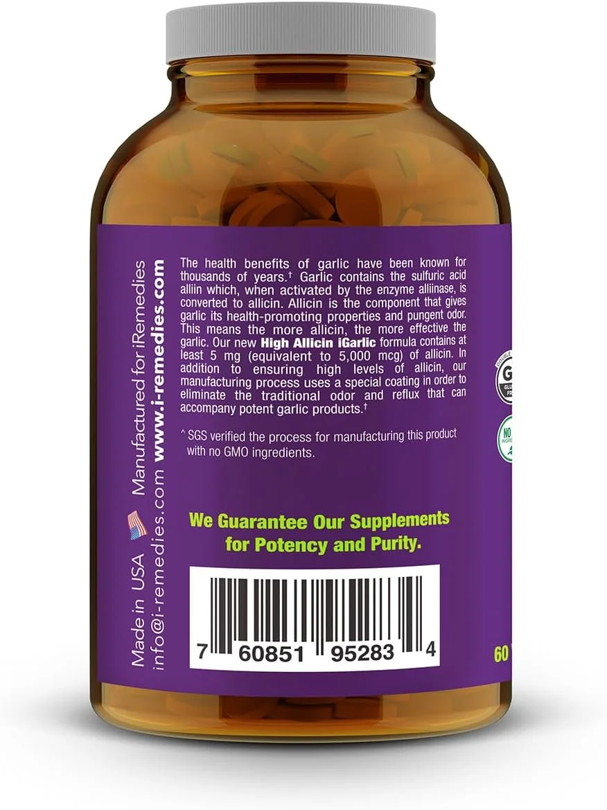 آی-گارلیک آی-رمیدیز با آلیسین بالا - مکمل سیر با قدرت بالا برای حمایت از قلب، ایمنی و کلسترول - 60 قرص