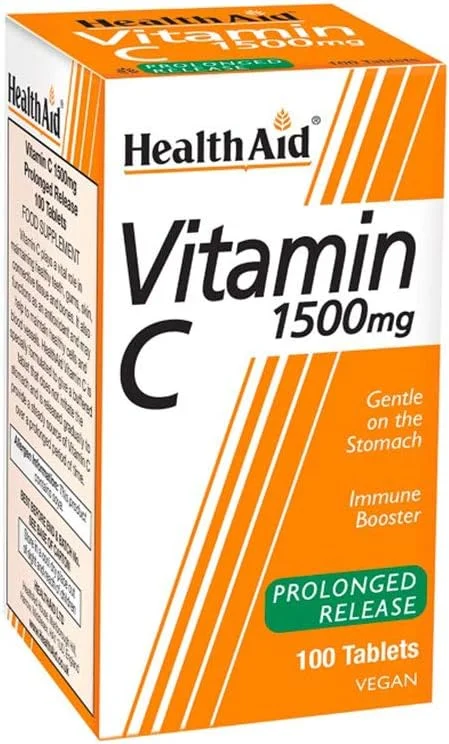 ویتامین C 1500 میلی گرم HealthAid - رهش طولانی - 100 قرص گیاهی