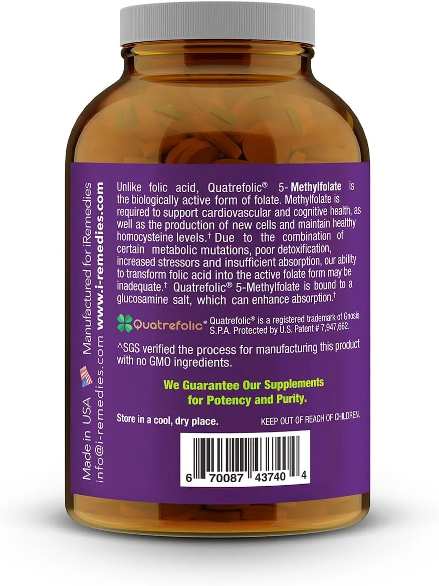 آی متیل فولات iRemedies - مکمل فعال فولات برای سلامت قلب، انرژی و پشتیبانی شناختی - 90 قرص