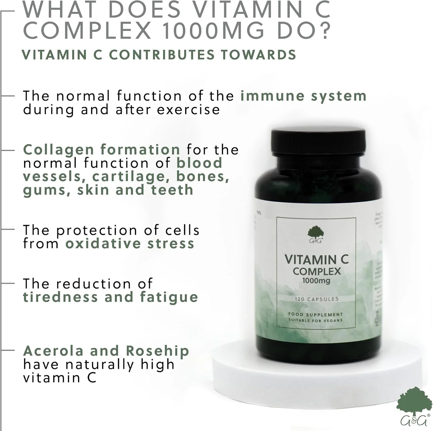 کپسول ویتامین C با قدرت بالا 1000 میلی گرم - 120 کپسول گیاهی - حاوی گل رز و آسرولا - غیر تراریخته، ساخت G&G Vitamins در انگلستان