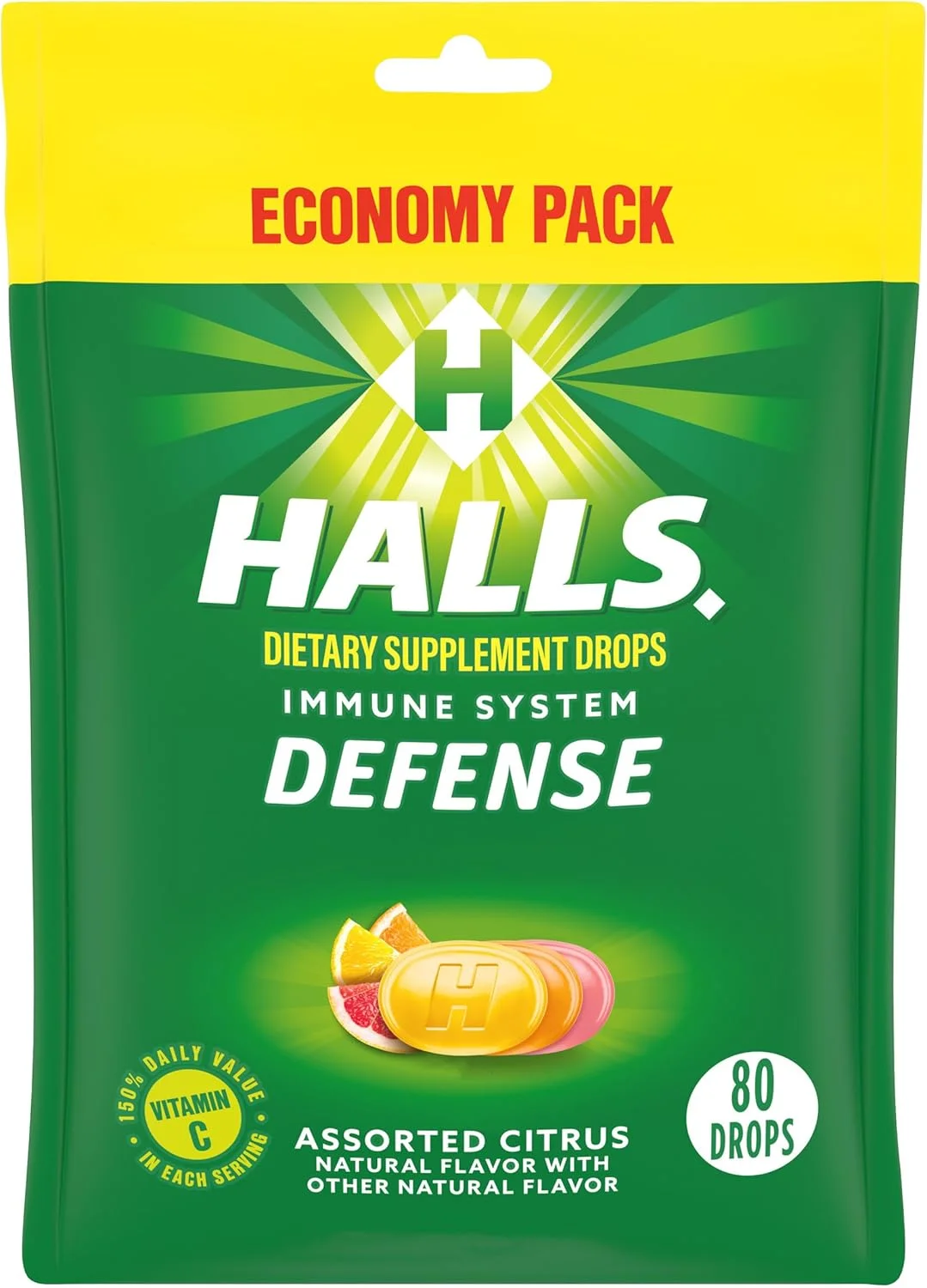 آبنبات ویتامین C با طعم مرکبات Halls Defense، بسته اقتصادی، 80 عدد