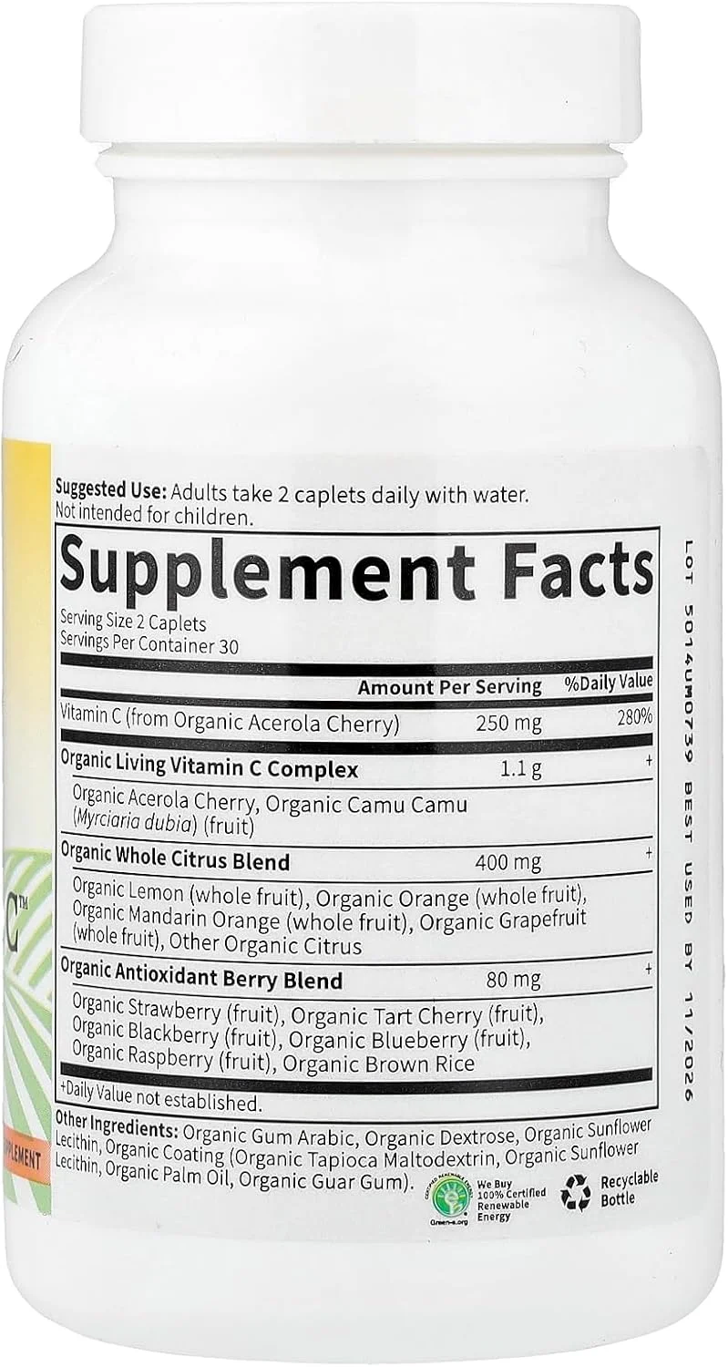 ویتامین C Garden of Life برای بزرگسالان با آنتی اکسیدان ها و بیوفلاونوئیدهای مرکبات - اکنون دارای گواهی ارگانیک - ویتامین C زنده، مکمل غذایی گیاهی غیر GMO، 60 عدد (30 روز)